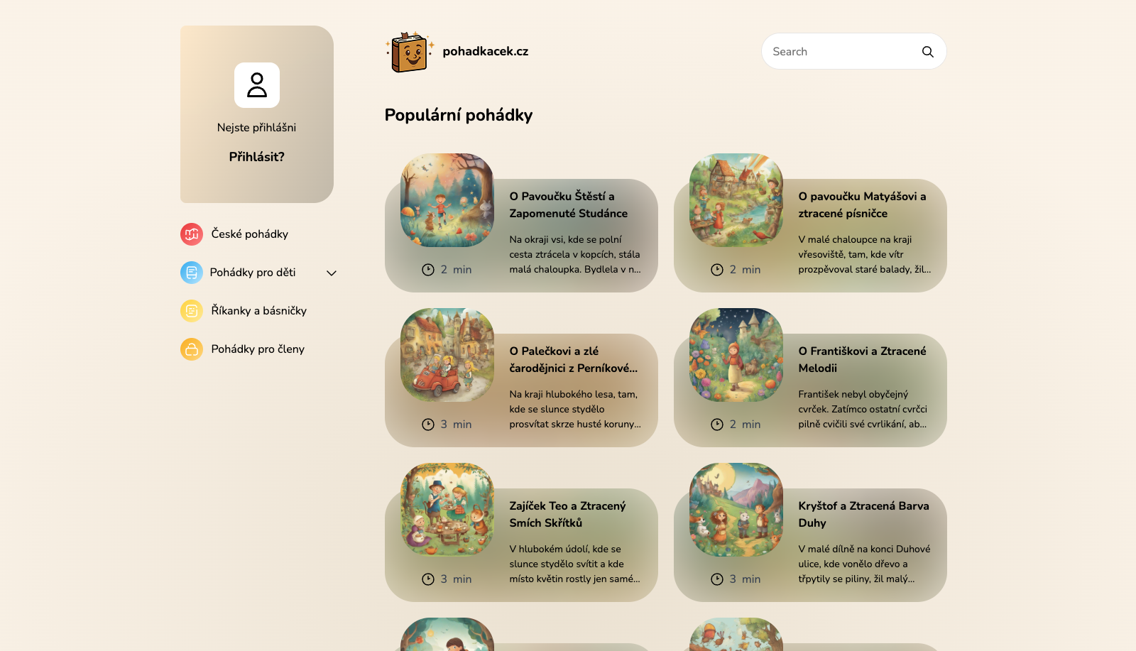 Screenshot uživatelského rozhraní webu Pohádkáček.cz